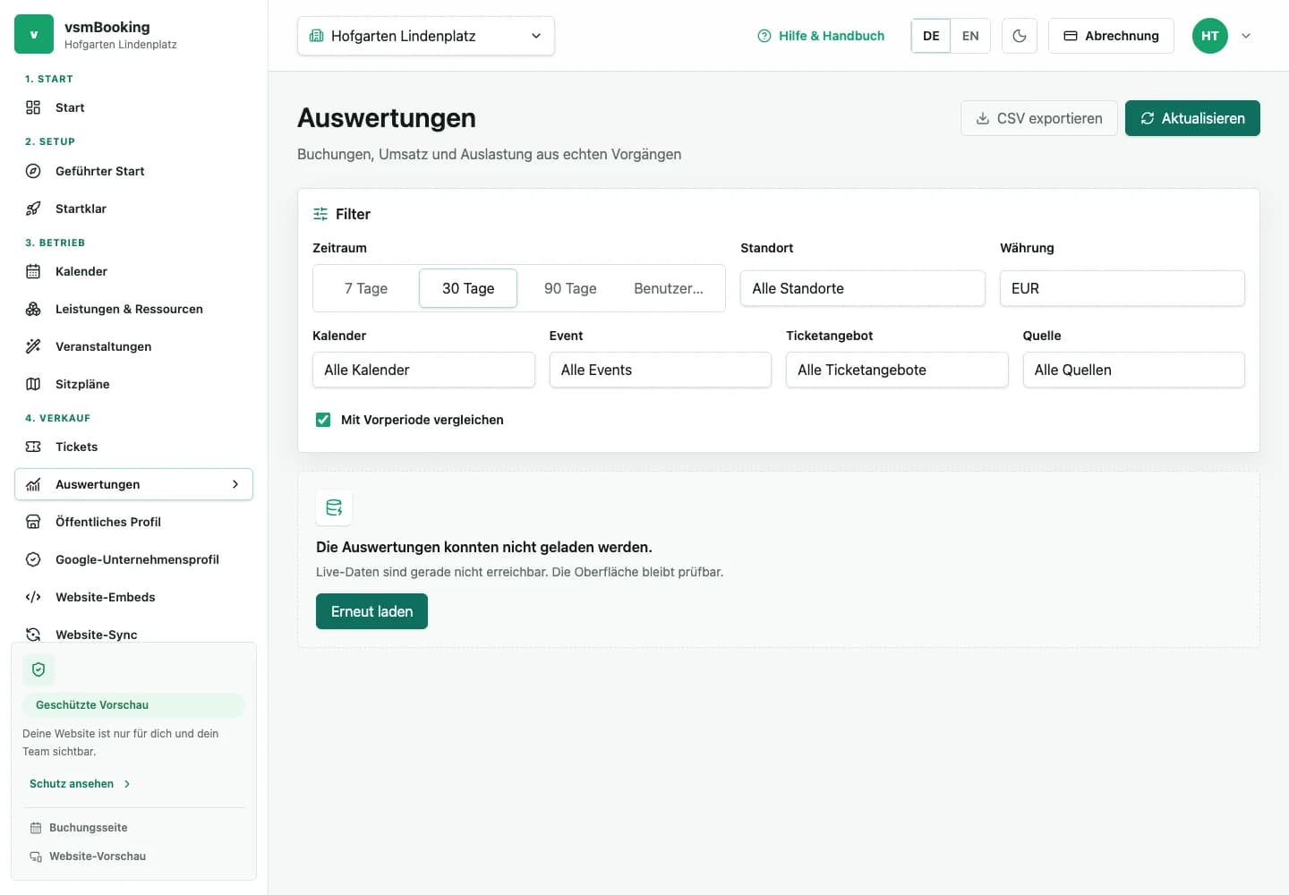 Auswertungen mit Zeitraum-, Standort- und Quellenfiltern