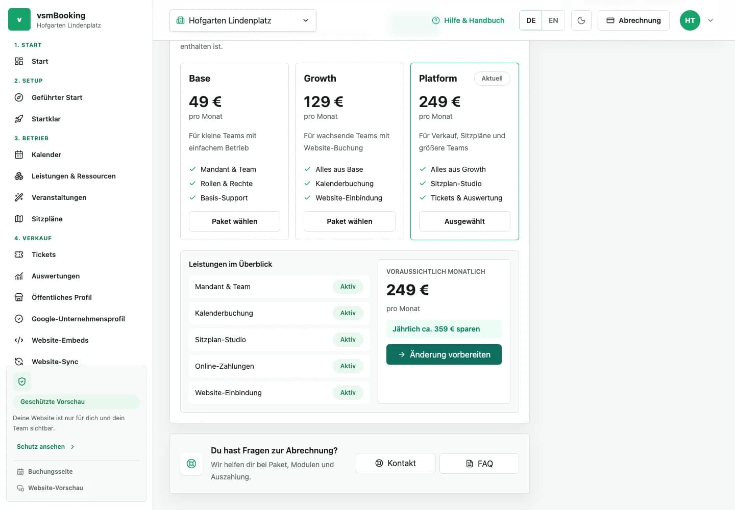 Abrechnungsbereich mit Paket, Modulen, Nutzung und Auszahlungsstatus