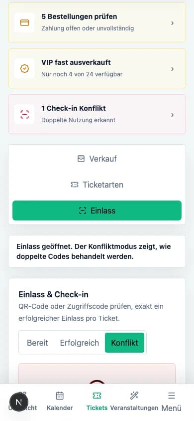 Mobiler Ticket-Check-in mit Kamera, manueller Eingabe und Offline-Status