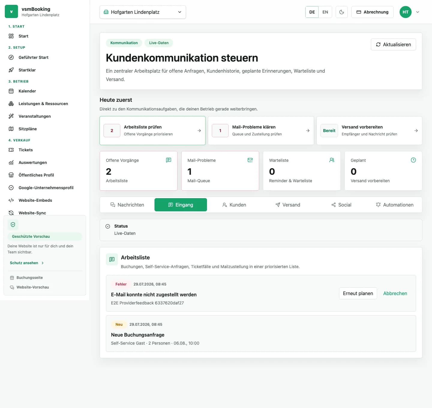 Kommunikationsbereich mit Versand, Automationen und Zustellstatus