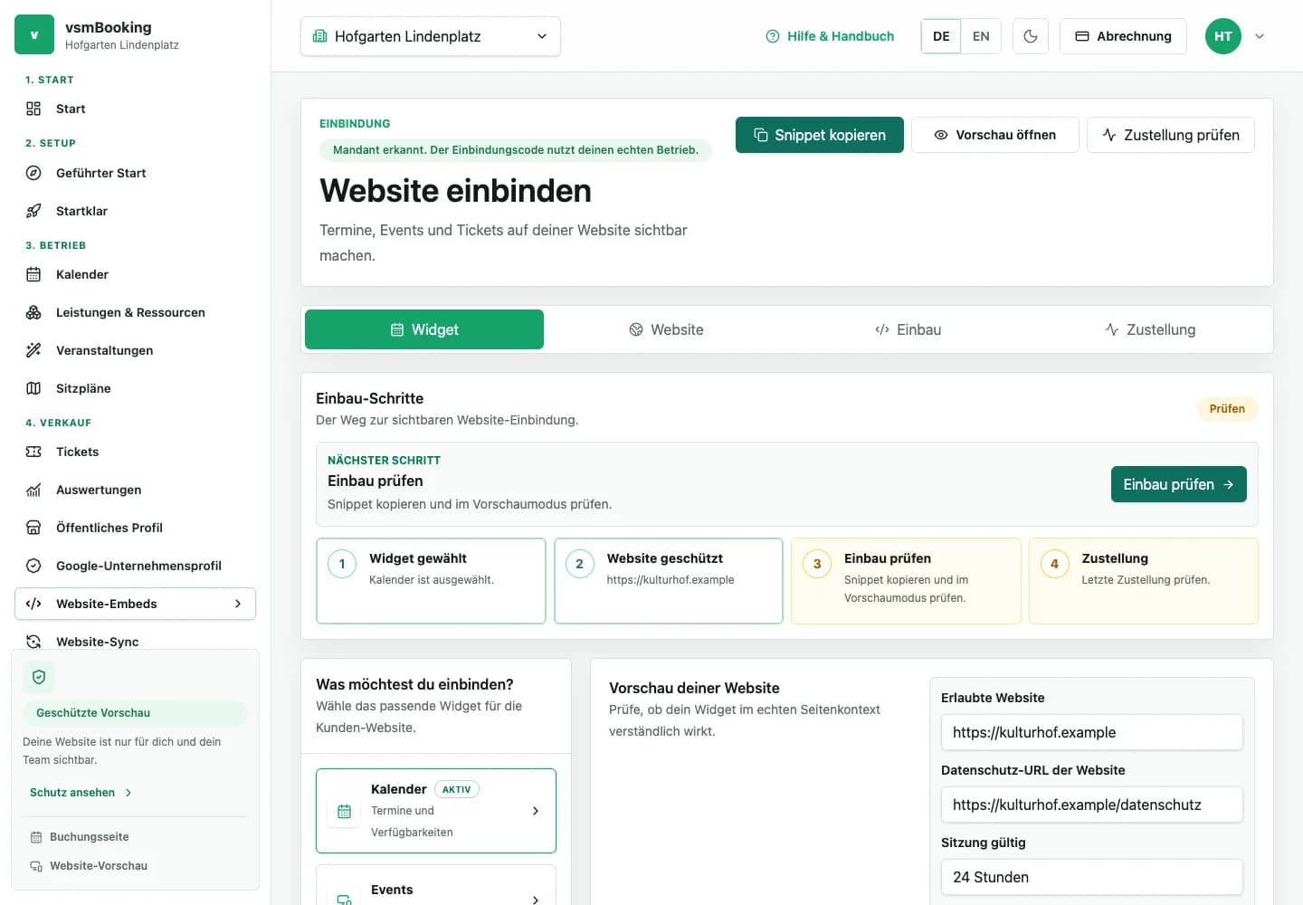 Buchung auf deiner Website mit Vorschau, erlaubten Websites und Einbaucode