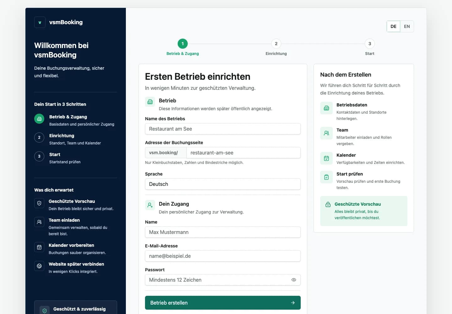 Registrierungsformular für einen neuen vsmBooking-Betrieb