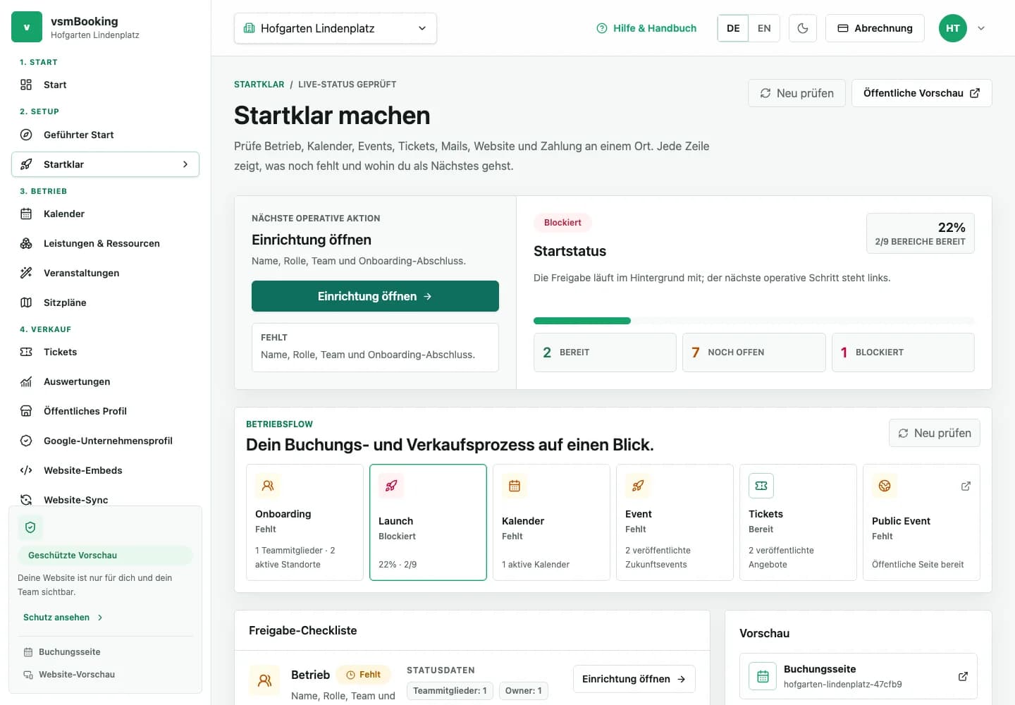 Seite „Einrichtung abschließen“ mit Bereit-, Offen- und Blockiert-Status