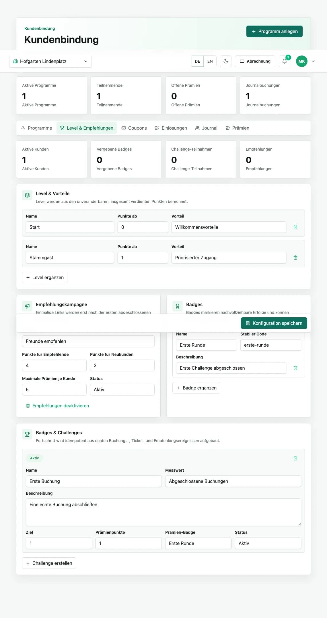 Treueprogramm mit Stempelregel, Prämie und Kundenfortschritt
