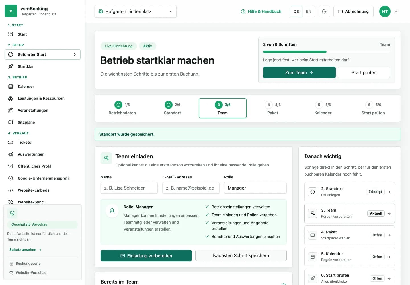 Geführter Start mit Betrieb, Standort, Paket und Kalender