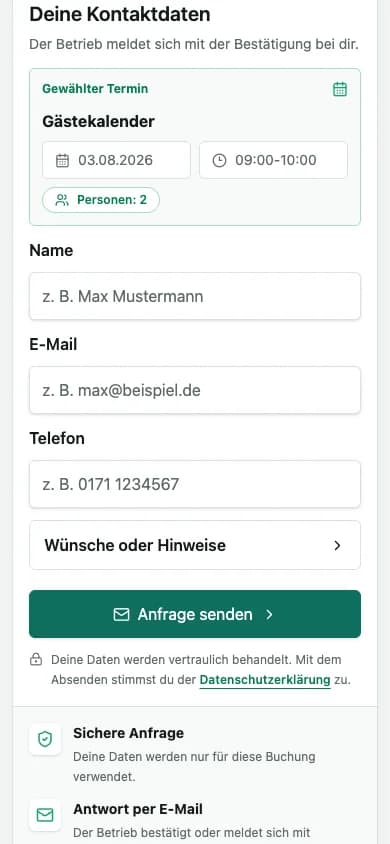 Öffentliche mobile Buchungsseite mit Datums- und Zeitauswahl