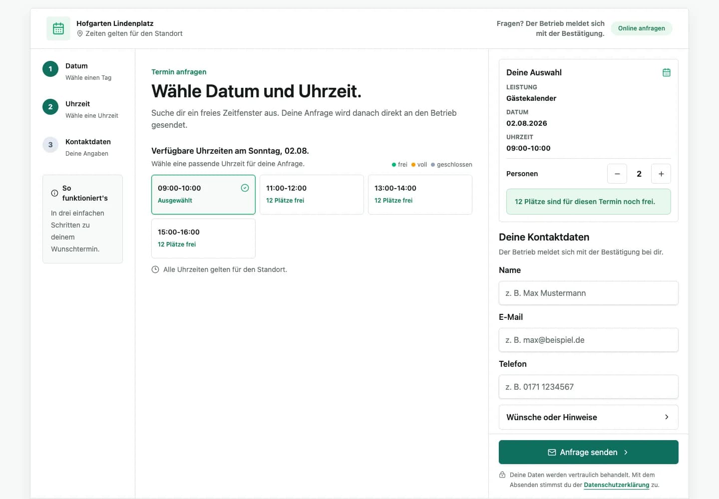 Direkte öffentliche Buchungsseite mit Betreiber- und Standortkontext