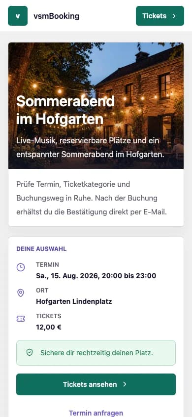 Öffentliche mobile Veranstaltungsseite mit Termin- und Ticketzugang