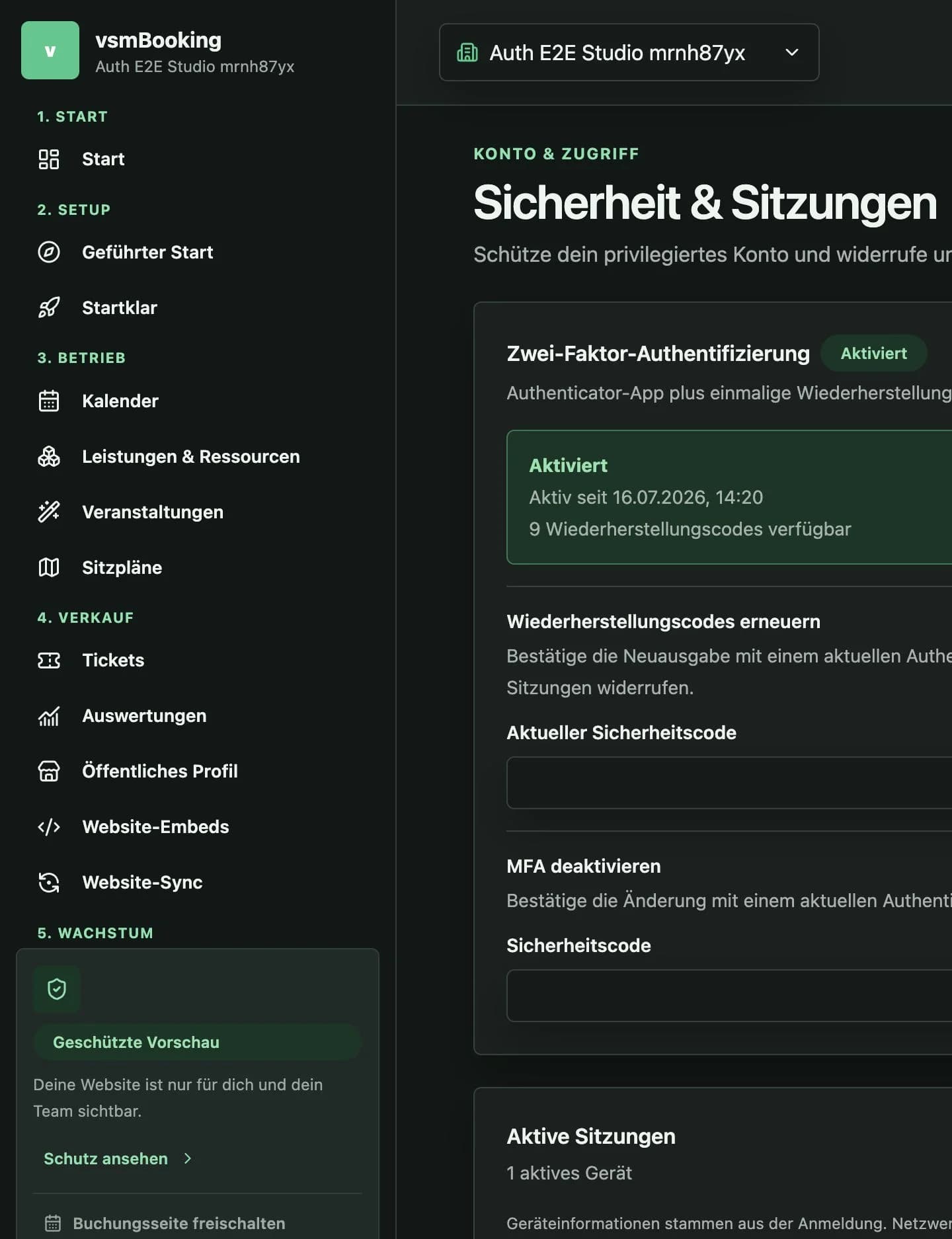 Sicherheitsseite mit MFA, aktiven Sitzungen und Wiederherstellung