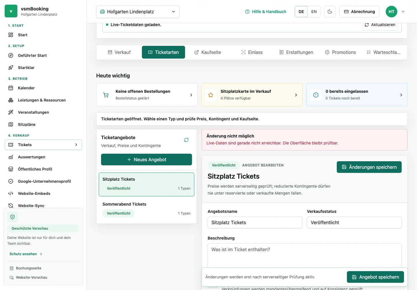 Ticketarbeitsbereich mit Bestellungen, Status und Einlassaktionen