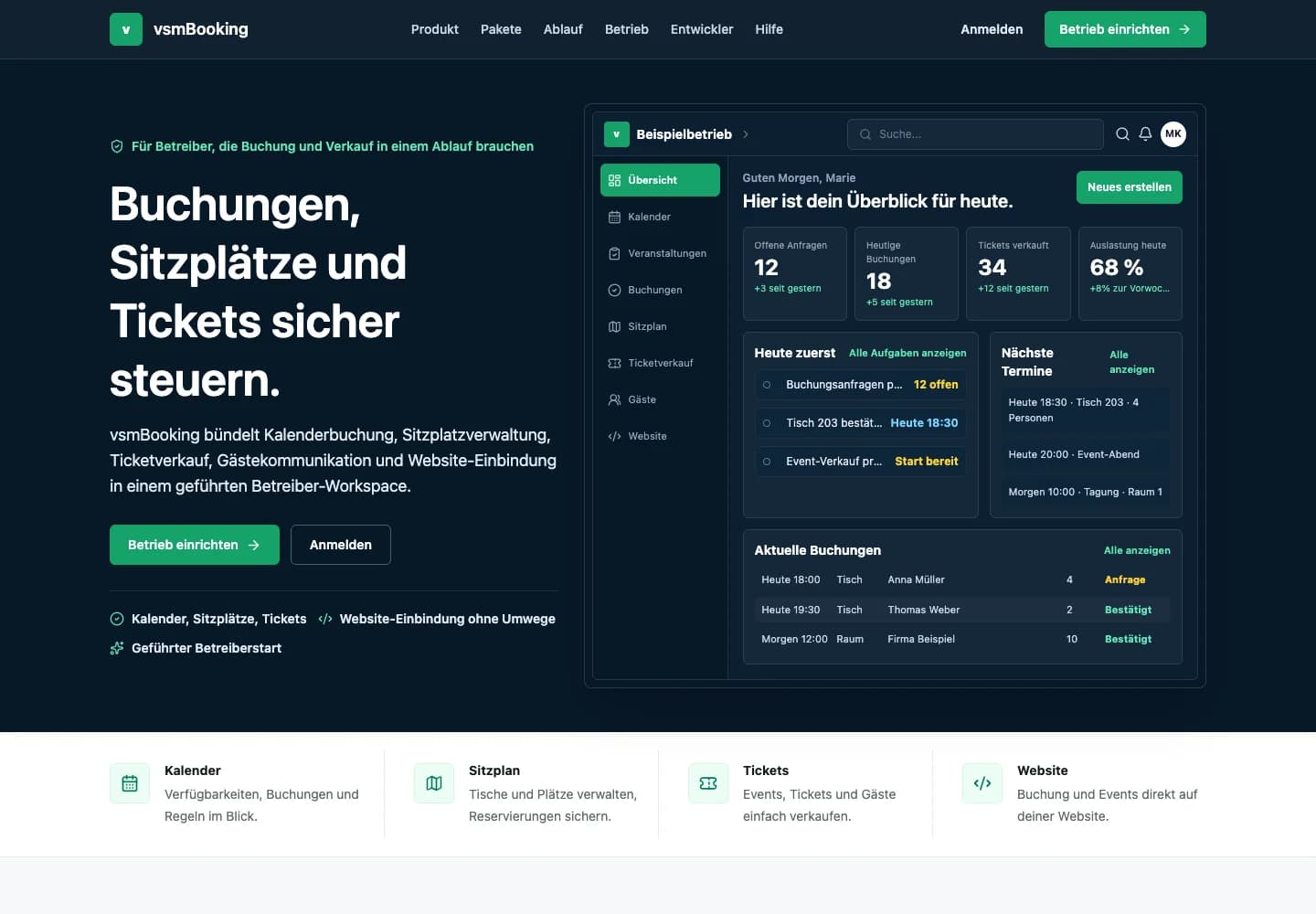 Öffentliche vsmBooking-Startseite mit Einstieg für Betriebe und Anmeldung